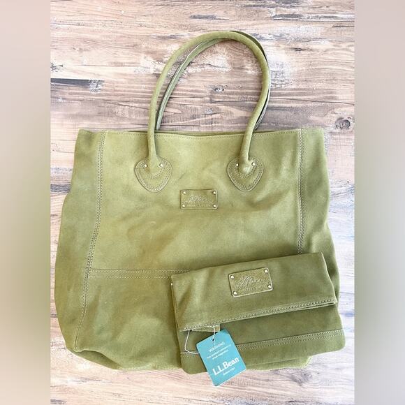 LL Bean green suede boat tote and wallet clutch NWT shoulder bag gorpcore spring - Picture 4 of 15